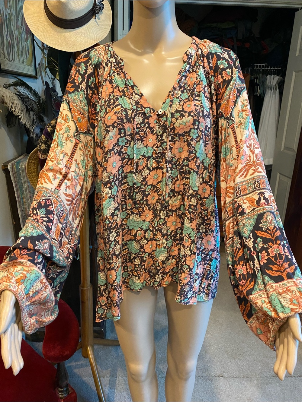 Arnhem Floral Patchwork Peasant Blouse in Black, Peach & Teal